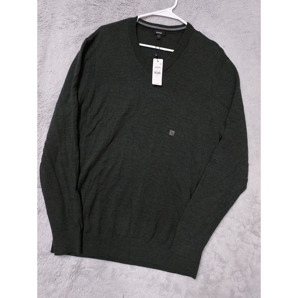 NEW Express Sweater Mens Large 100% Merino Wool V Neck Sweater Dark Gray L NWT